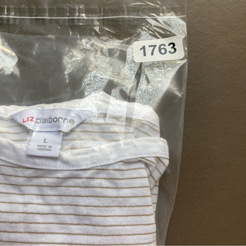 Liz Claiborne White Cap Sleeve Tee with Metallic Gold Stripes & Button Accents - Picture 11 of 11